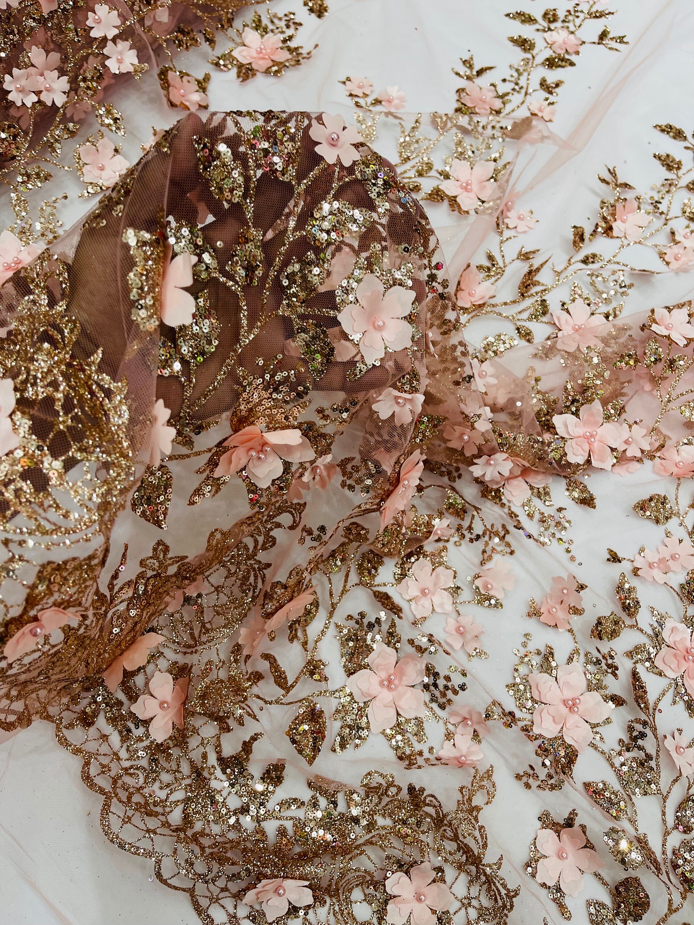 Rose Gold 3D Flower Glitter Sequin Fabric by the Yard, 3D Floral ...