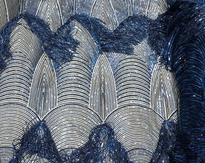 Navy Blue Fringe Sequins on a Mesh, Navy Fringe Design Embroidered on 2 Way Stretch Fancy Sequin ( Choose The Size )