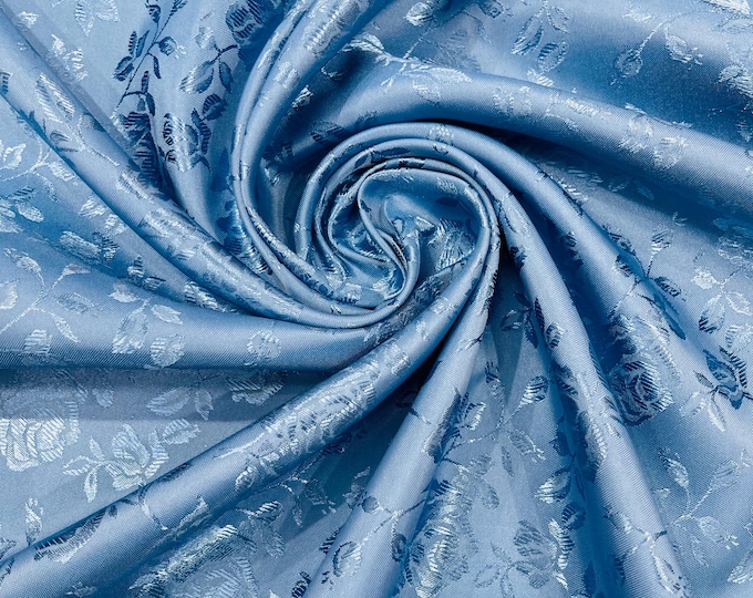Coppen Blue Floral Brocade Jacquard Satin Fabric: 58/60" Wide Polyester, By The Yard
