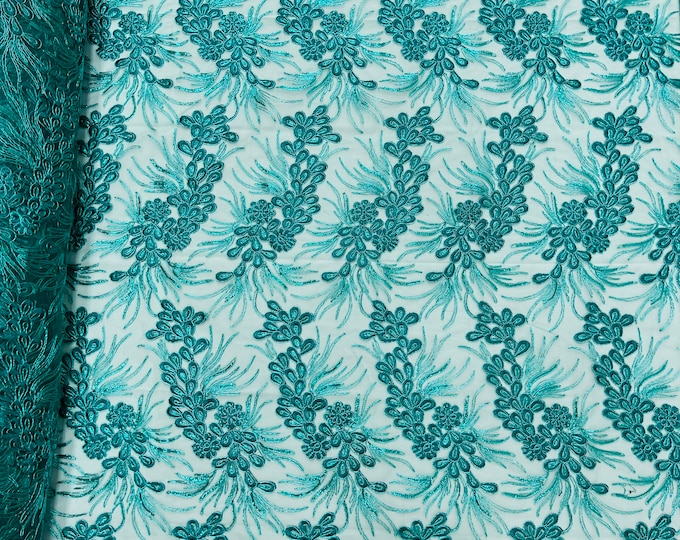 Metallic Jade Corded Floral Lace Fabric, by the yard - Embroidery With Sequins on a Mesh Lace Fabric For Gown, Wedding-Bridal