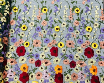 Multi Color 3D Floral and Leaves Embroidery on (Hunter Green Mesh) Lace Fabric 3D Flower Bridal Lace Wedding Dress by the Yard (Pick a Size)