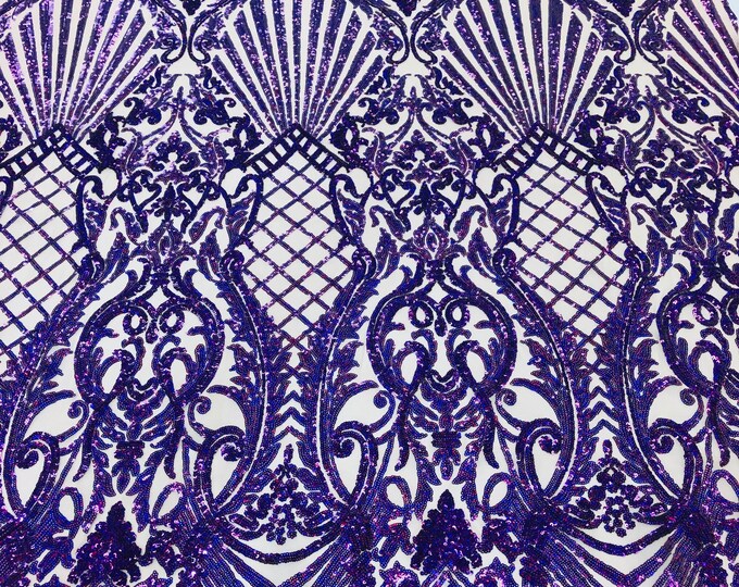 Holographic Purple Sequin Selena Design on a 4 Way Stretch Sequin Lace Mesh - Prom Gala Gown Fabric By Yard