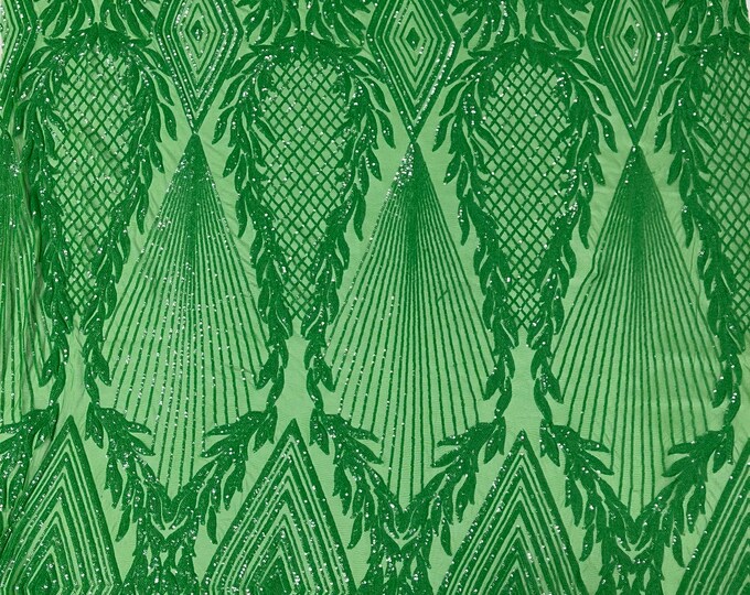Green Sequin Fabric, Geometric Royalty Design Embroidered With Sequin on a 4 Way Stretch Sequin Fabric Mesh-Prom-Gown By The Yard