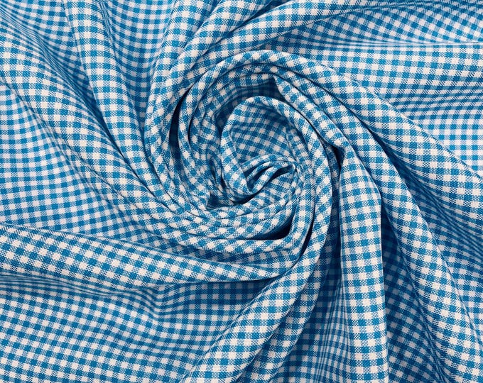 Turquoise & White Gingham Fabric by Yard 1/8” Squares, Poly Cotton Checkered Fabric