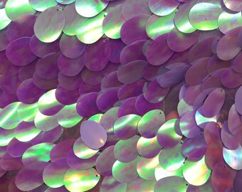 Lilac/Aqua Iridescent Big Sequins Oval Sequin Paillette, by the yard - Tear Drop Mermaid Jumbo Sequins Fabric On a Mesh (Pick a Size)