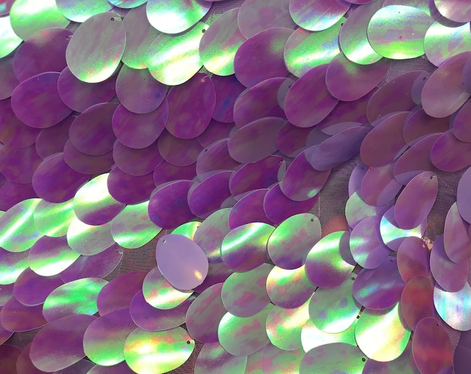 Lilac/Aqua Iridescent Big Sequins Oval Sequin Paillette, by the yard - Tear Drop Mermaid Jumbo Sequins Fabric On a Mesh (Pick a Size)