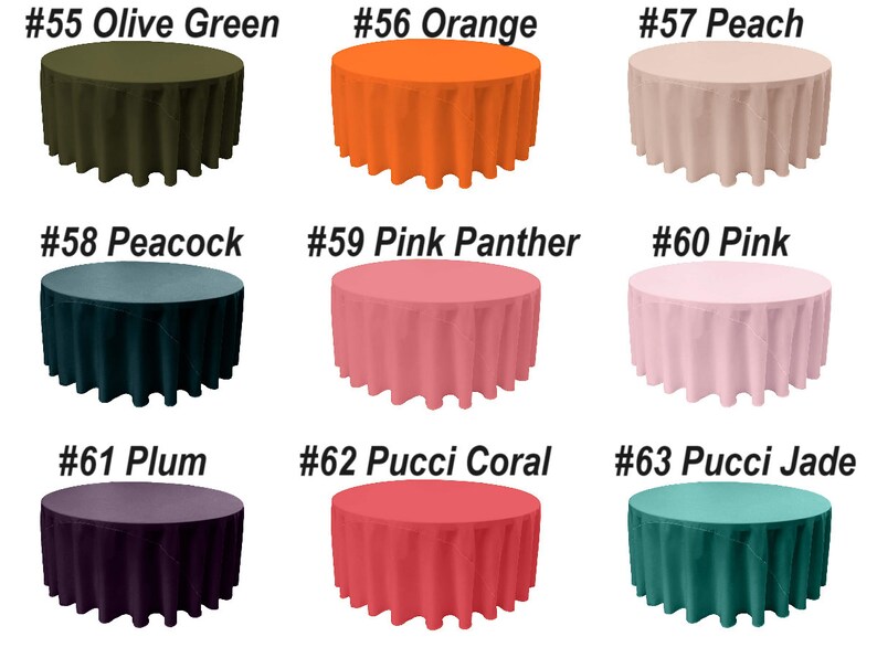 K&ouml;nnte beinhalten: Neun runde Tischdecken in verschiedenen Farben, darunter Olivgr&uuml;n, Orange, Pfirsich, Pfau, Pink Panther, Pink, Pflaume, Koralle und Jade. Jede Tischdecke ist mit einer Nummer und einem Farbnamen gekennzeichnet.