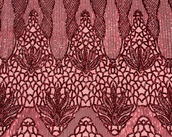 Burgundy Sequin Fabric | Floral Damask Design on a 4 Way Stretch | Sequins Lace | Spandex Fabric For Prom-Gown By The Yard