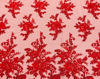 Red Floral Sequin Lace Fabric: Embroidered Mesh, Bridal Wedding (By The Yard)