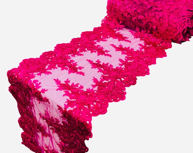 Fuchsia Metallic Floral Lace Fabric For Runner by the yard, 15" Wide Metallic Corded Lace Embroidery With Sequins on a Mesh Lace Fabric