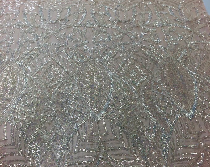 Iridescent Clear Sequins Lace Fabric On Nude Mesh, Royalty Design Embroidered On 4way Stretch Sequin By Yard -Prom-Gown ( Choose The Size )