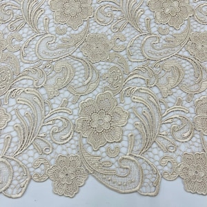 Mia Fabrics Inc, Champagne Guipure Lace Fabric Floral Bridal Lace Guipure Wedding Dress by the Yard (Pick a Size)