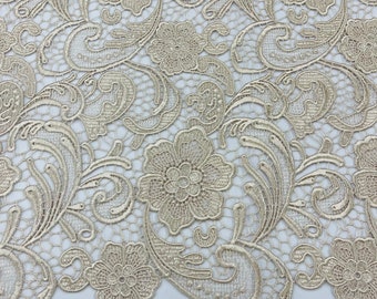 Mia Fabrics Inc, Champagne Guipure Lace Fabric Floral Bridal Lace Guipure Wedding Dress by the Yard (Pick a Size)