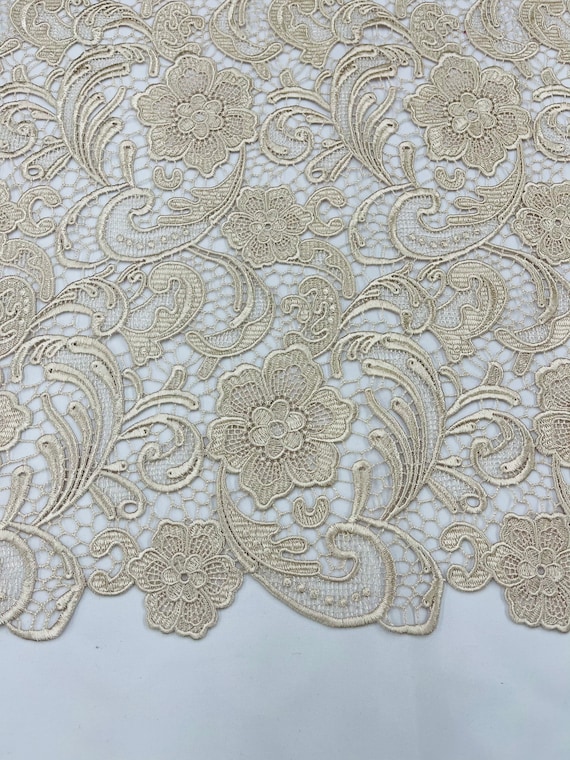 Champagne Floral Guipure Lace Fabric: Bridal Wedding Dress Lace