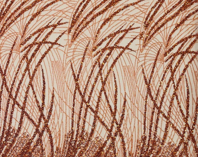 Burnt Orange Beaded Fabric Sold By The Yard, Fashion Design Beads and Sequins, Beaded Fabric Embroidered on a Mesh Lace,Wedding,Bridal,Dress