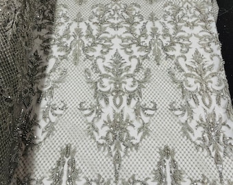 Silver Damask Beaded Lace Fabric – Embroidered Mesh, Bridal Gown Material