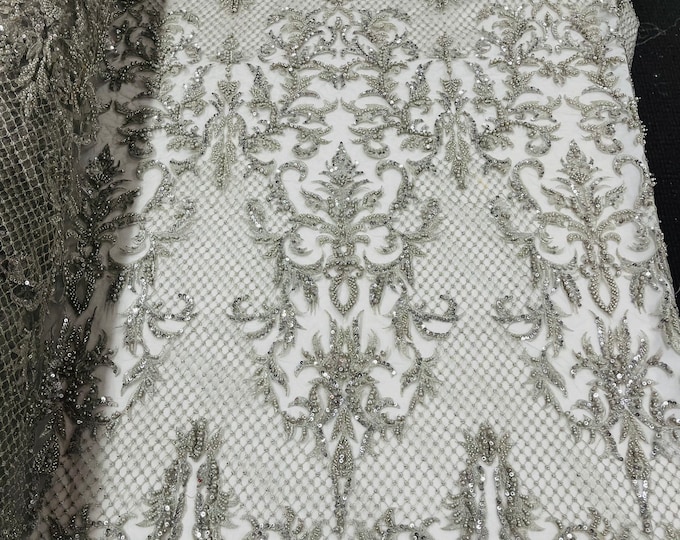 Silver Damask Pattern Embroidered With Pearls and Beads on a Mesh - Beaded Fabric - Lace Fabric by the yard