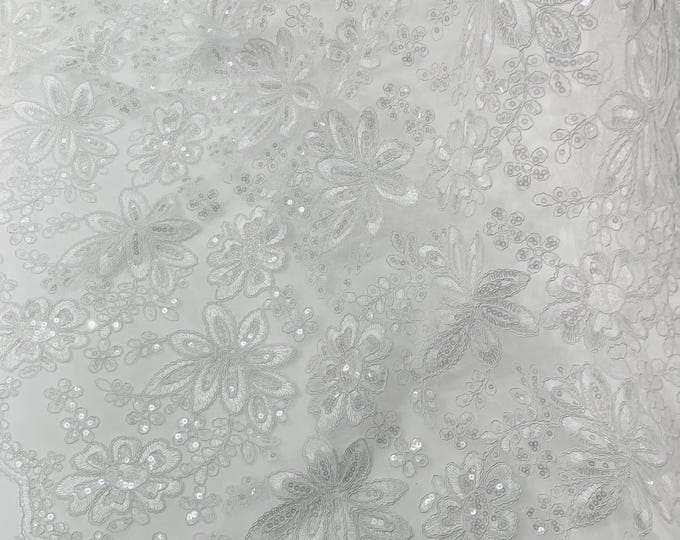 White Lace Fabric With Sequins, Corded Flower Embroidery by Yard