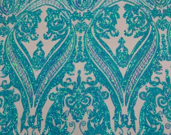 Iridescent Mint Sequin Fabric: Damask Design Mesh, 4-Way Stretch