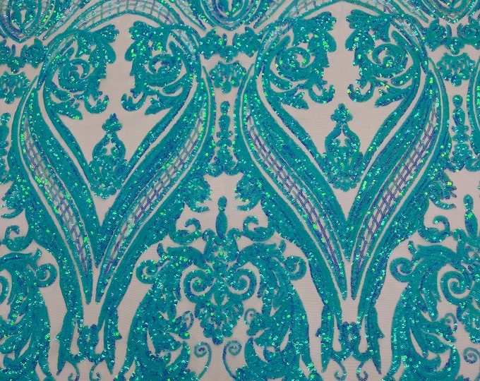 Iridescent Mint Sequins Fabric- Mint Mesh- Damask Design 4 Way Stretch Sequin Fabric Sold By The Yard