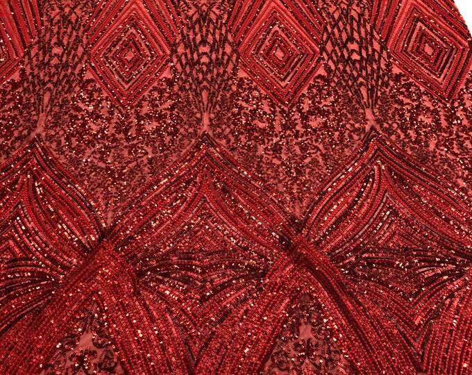 Red 4 Way Stretch Geometric Sequins - Nova Design Triangular Fabric for Prom Gala Gown Sold By The Yard
