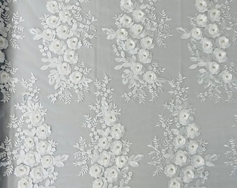 White 3D Floral Lace Fabric: Rhinestone Embroidered Mesh, 52" Wide by the yard