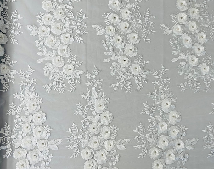 White 3D Floral Lace Fabric by the yard, Flower Design Embroider With Rhinestones On a Mesh, Prom-Dresses-Nightgown-Apparel-Fashion