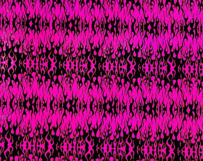Hot Pink Black Nylon Spandex Fabric by the yard, Flames Design With Hologram Shattered Glass, Glitter Spandex Fabric 4 Way Stretch Prom-Gown