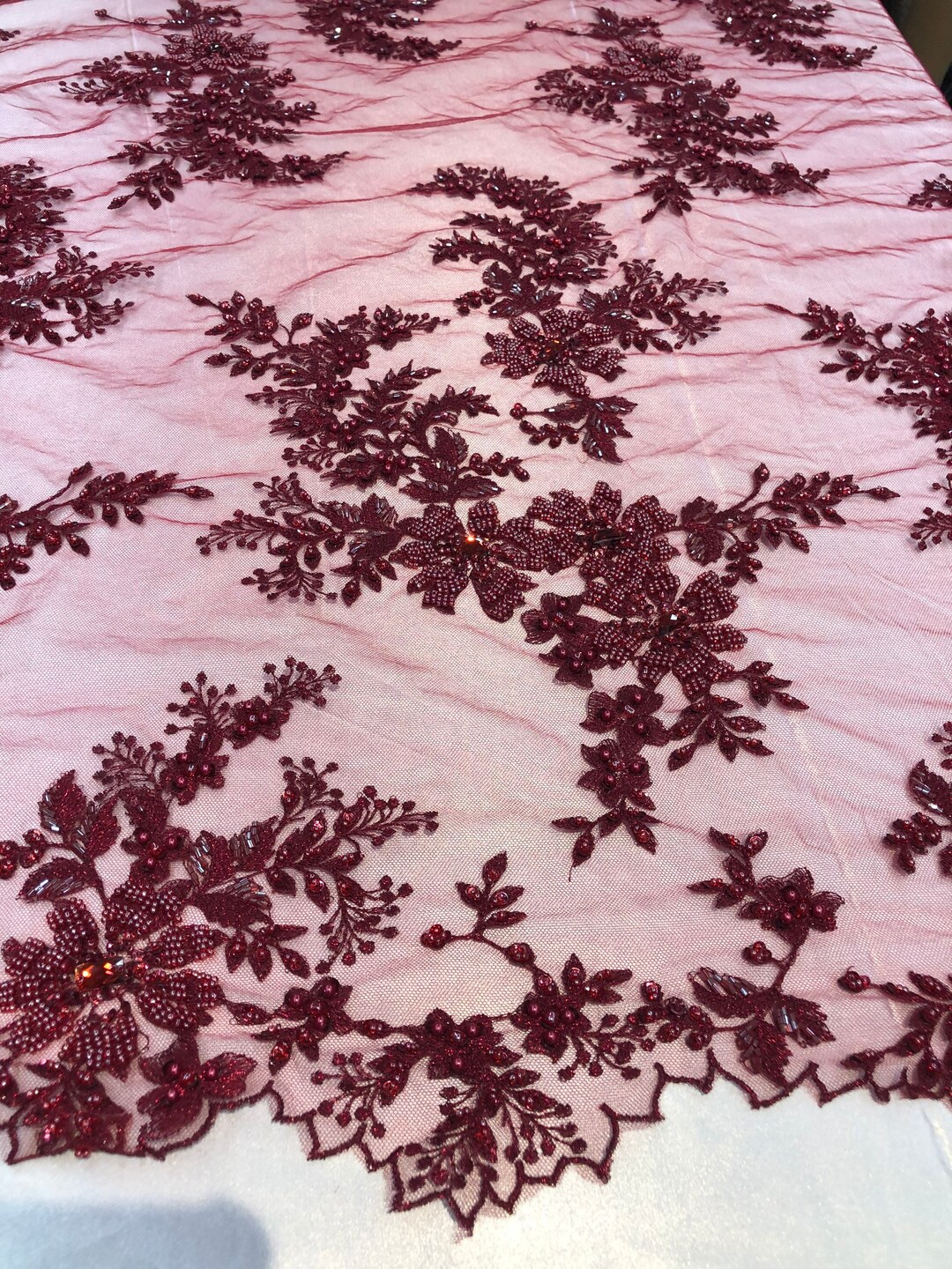 Burgundy Cluster Bead Fabric Embroidered Flower Beaded Fabric Wedding Bridal Lace Fabric Sold by