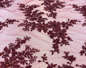 Burgundy Cluster Bead Fabric - Embroidered Flower Beaded Fabric Wedding Bridal Lace Fabric Sold By Yard