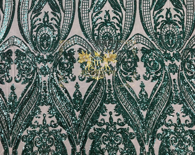 Teal Green Sequins - 4 Way Stretch Fancy Big Damask Design Sequins on Spandex Mesh Prom Gala Gown Fabric By The Yard