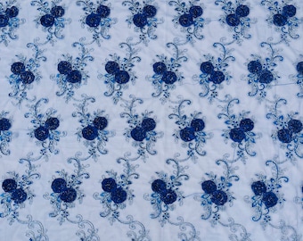 Royal Blue Floral Lace Fabric with Silver Sequins – Bridal Gown Embroidery