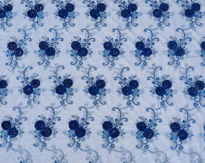 Royal Blue/Silver Floral Lace Fabric - By The Yard - Embroidery Flower With Sequins on a Mesh Lace Fabric For Gown, Wedding-Bridal