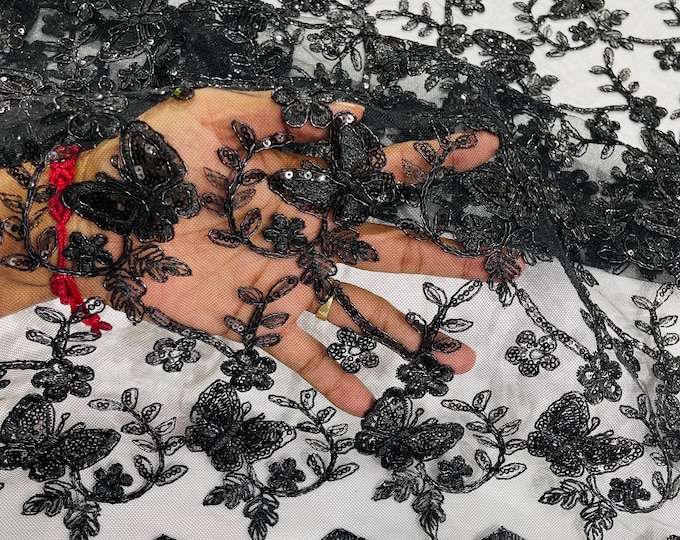 Black Metallic Corded Lace Small Butterfly by Yard, Metallic Thread Butterfly Design Embroidered With Sequin on a Mesh Lace Fabric