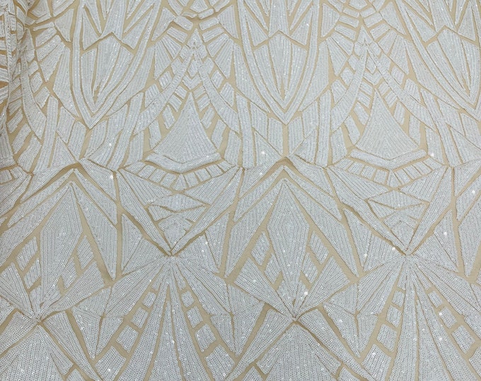 White Sequins on Nude Mesh, Geometric Design Embroidered on Mesh 4way Stretch Sequin By Yard