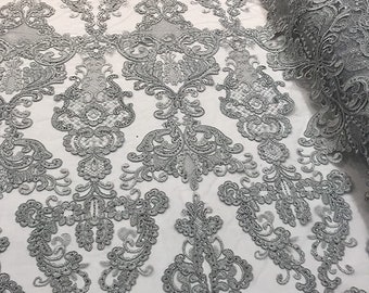 Silver Lace Fabric: Corded Flower Embroidery with Sequins