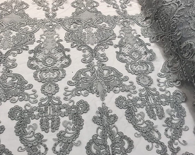 Silver Lace Fabric, Corded Flower Embroidery With Sequins on a Mesh Lace Fabric By The Yard For Gown, Wedding-Bridal-Dress