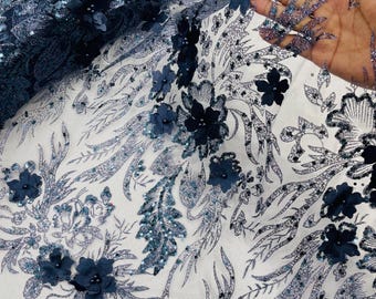Navy Blue Glitter Floral Mesh, Glitter 3D Flower Sequin Fabric, Wedding Dresses & Quinseñera