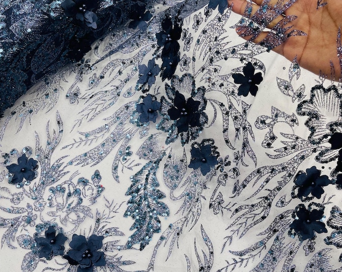 Navy Blue Glitter Floral Mesh, Glitter 3D Flower Sequin Fabric, Wedding Dresses & Quinseñera