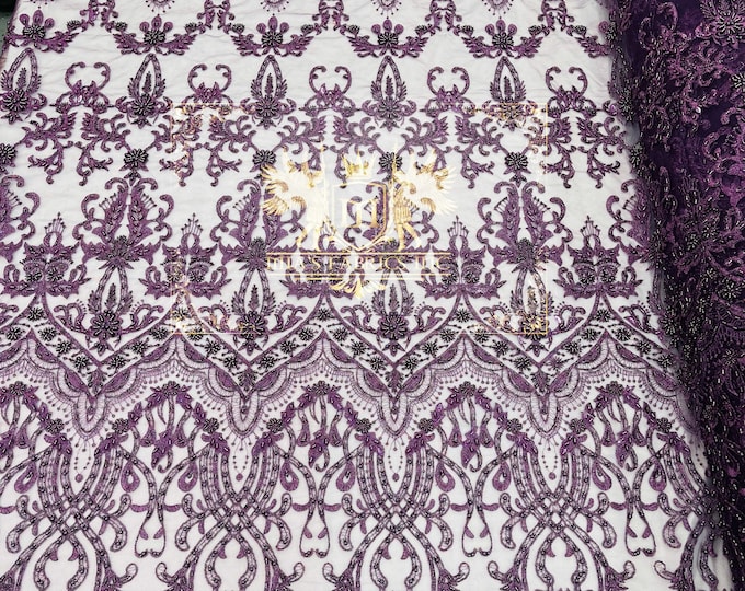 Plum Design Glam Damask Beaded Fabric, Embroidered Fashion Fabric with Beads Wedding Bridal Sold By Yard