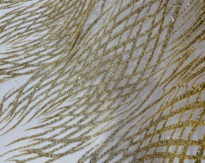 Gold Glitter Fabric on a Mesh By The Yard | Glitters Damask Fashion Design, Glitter Sequin on Mesh Fabric, Sparkle Glitter Prom-Dress