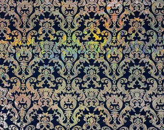 Holographic Damask Fabric: Black Gold Metallic Poly Spandex, 4-Way Stretch