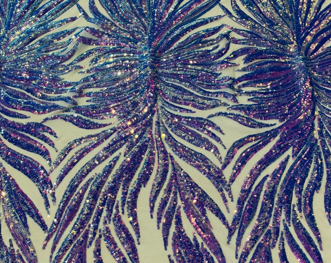 Lavender Iridescent Sequin, Nude Mesh -  4 Way Stretch Phoenix Wing Sequin Spandex Mesh Fabric for Prom Gala Gown Sold By Yard