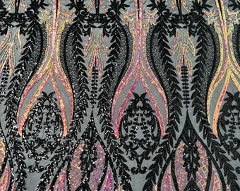 Black Damask Sequin Fabric: Rainbow Iridescent Two Tone, 4-Way Stretch by the yard