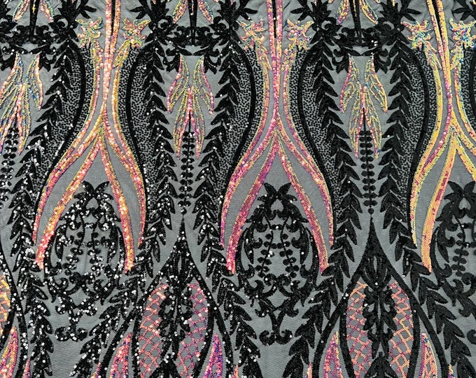 Black/Rainbow Iridescent Sequins Fabric by the yard (Pick a Size) Tow Tone 4 Way Stretch Damask Design Sequin Fabric