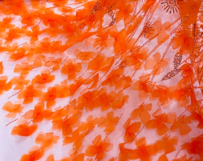Orange Beaded Fabric 3D Floral Butterfly Fabric By The Yard, Luxury 3D Butterfly Design Beads and Sequins Embroidered on a Mesh Lace Wedding