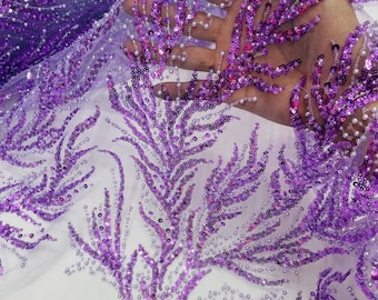 Lavender Beaded Fabric by the yard, Bridal beaded, Damask Pattern With Beads and Sequin, Appliqué lace for bridals,weddings,prom dress