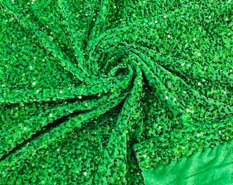 Emerald Green Sequin Velvet Fabric: 5mm Sequins, 2-Way Stretch