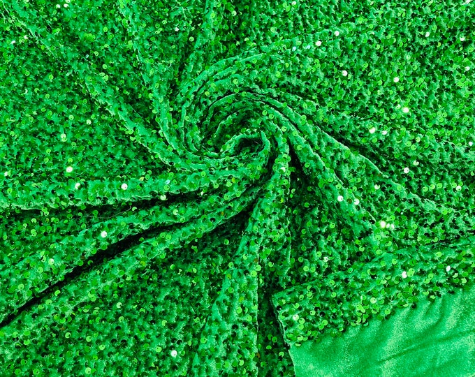Emerald Green Sequin Velvet Fabric | on Green Stretch Velvet | by the yard | all Over 5mm Sequins Velvet 2-way Stretch 58/60”