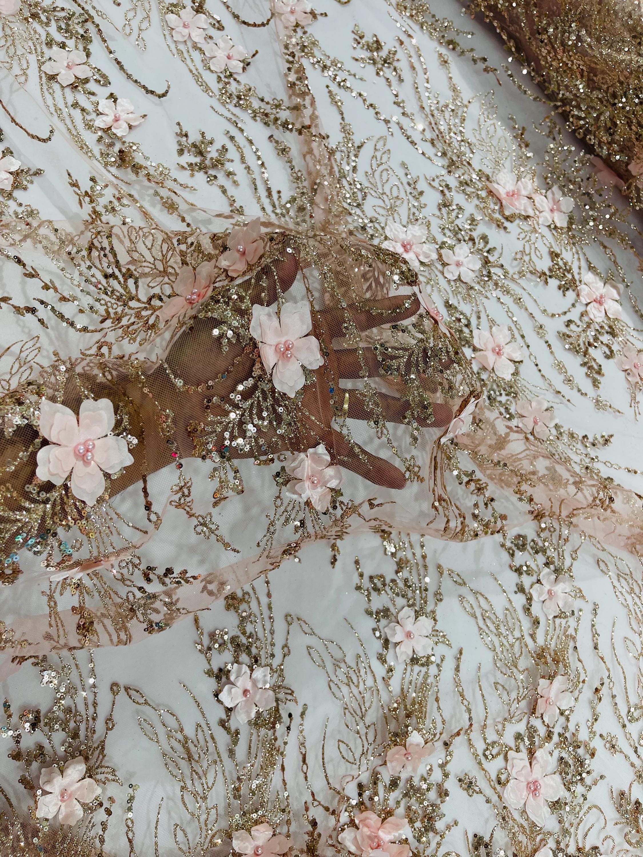 Rose Gold 3D Flower Sequin Fabric: Glitter Floral Mesh, Wedding Dress ...